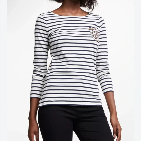 Boden Tops - Boden Breton Stripe Leopard Print Pocket Long Sleeve Tee Size 2